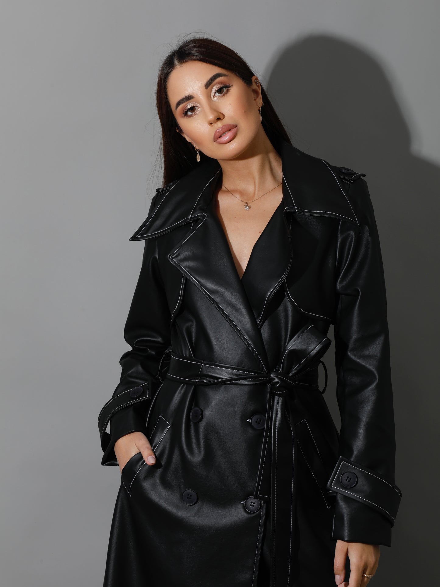 Leather Trench Coat With White Stitch - Black