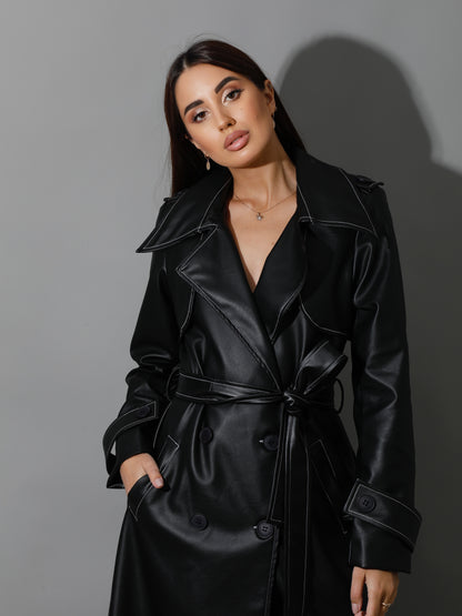 Leather Trench Coat With White Stitch - Black