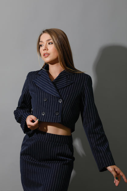 Striped Cropped Blazer Co-Ord - Navy