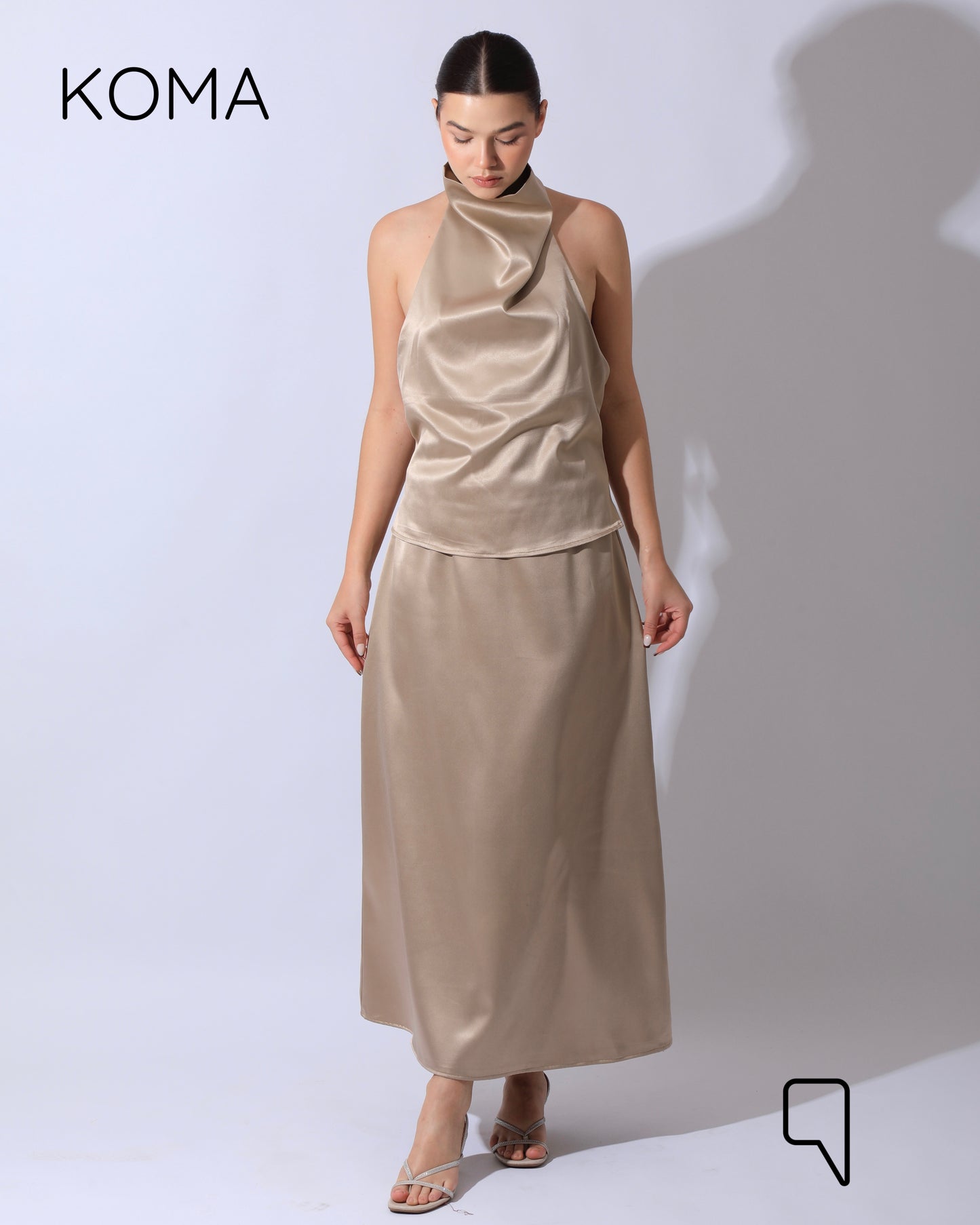 Violet Satin Midi Skirt - Beige