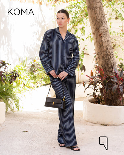 Della Striped Pajama Shirt & Flare Trousers Set - Navy