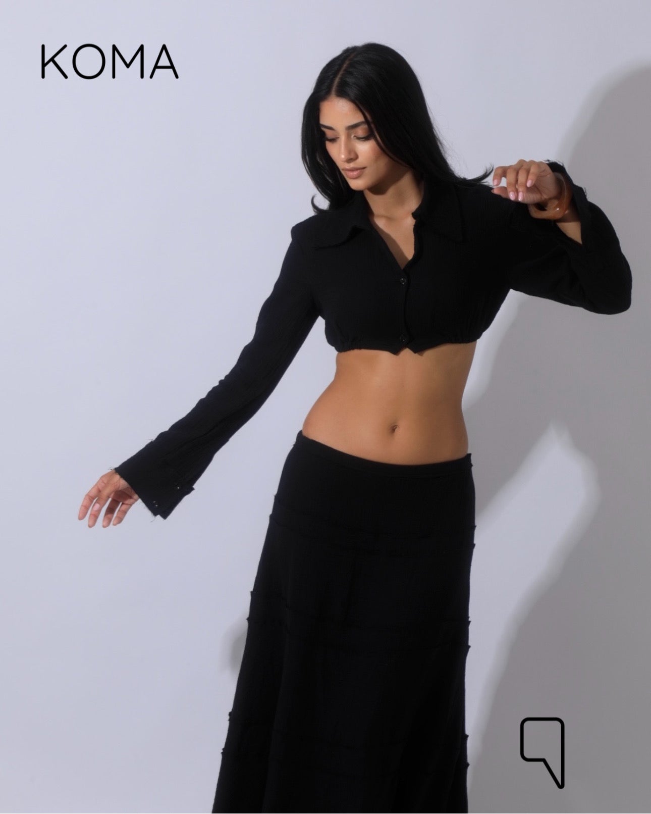 Greta Crincle Cropped Shirt & Skirt Set - Black