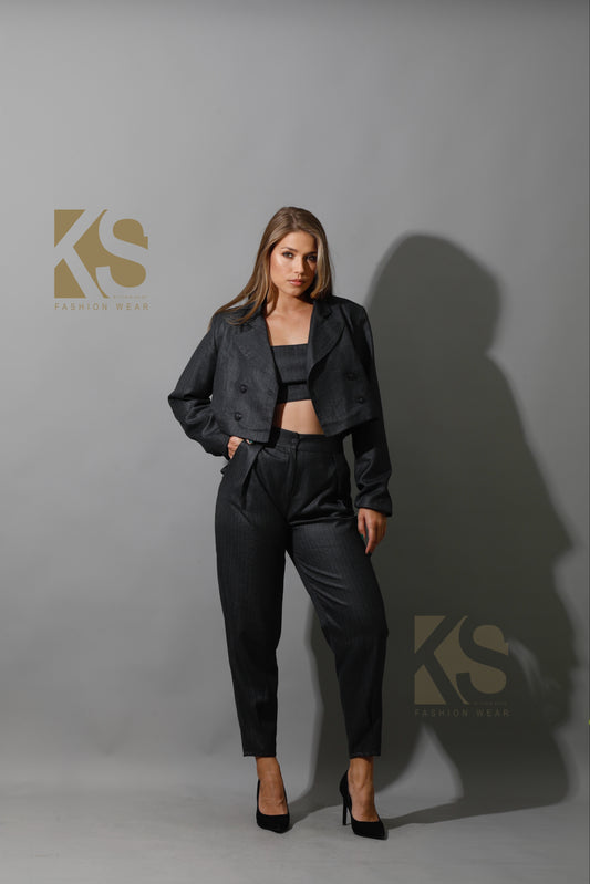 Striped Cropped Blazer, Bra Top & Paper-bag Pants Co-Ord - Gary