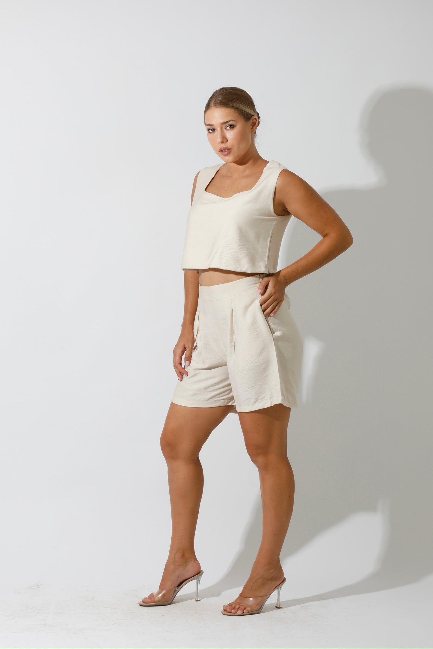 Tank Top & Flared Shorts Set - Beige