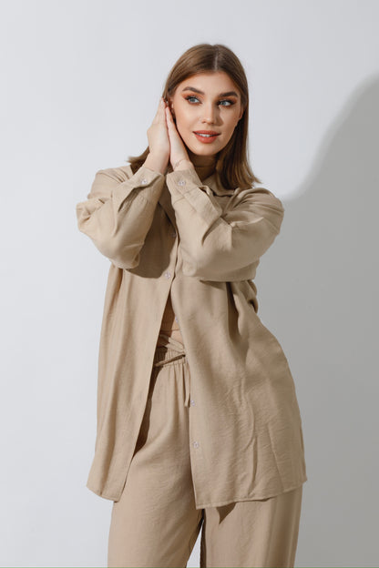 Co-Ord Long Sleeves Shirt - Beige