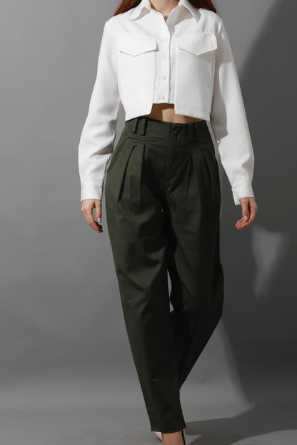 High Rise Paper-Bag Pants - Olive