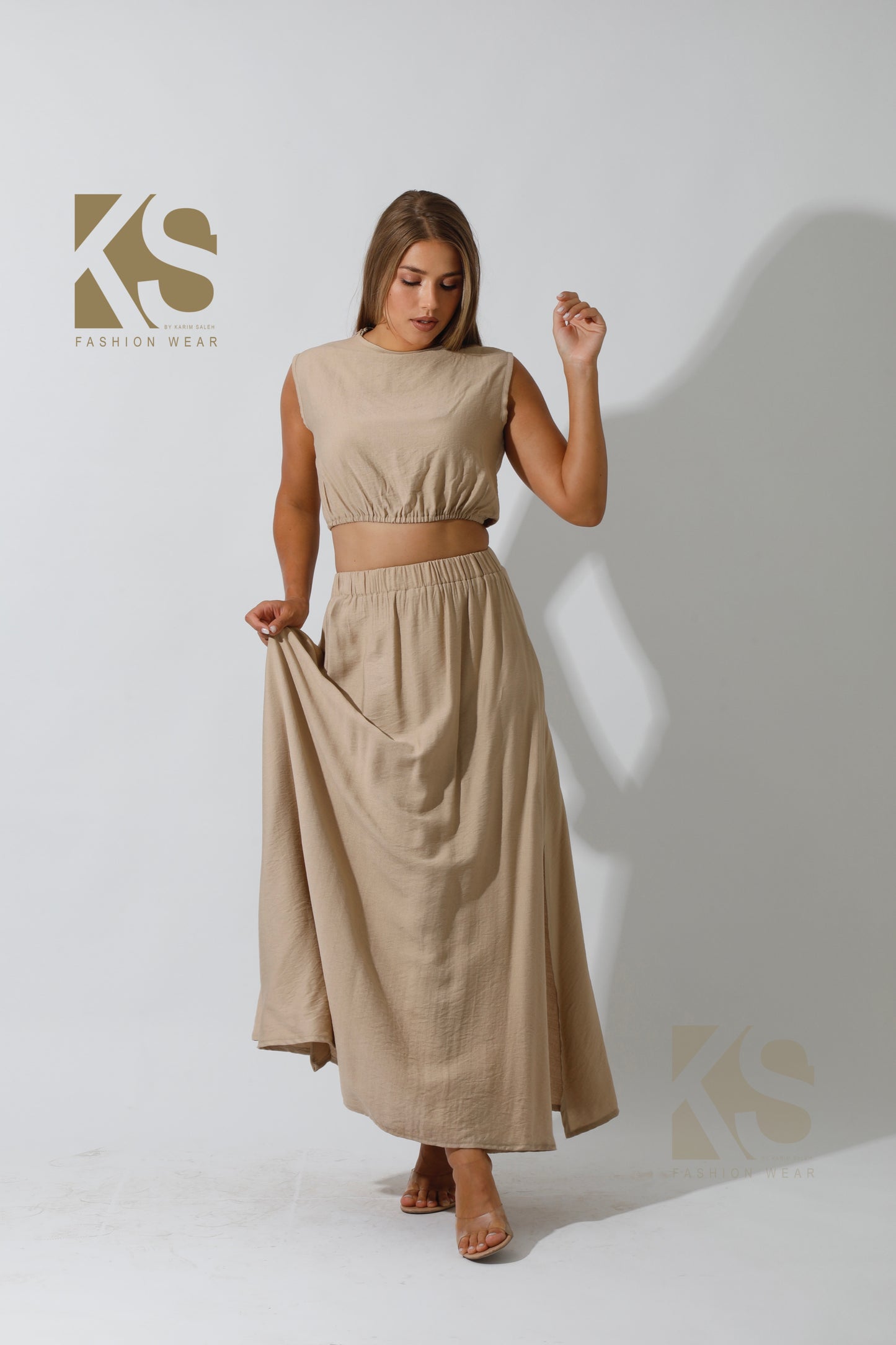 Maxi Side Slite Skirt Set - Beige