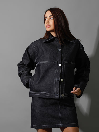 Co-Ord Jeans Sleeves Jacket - Navy Blue