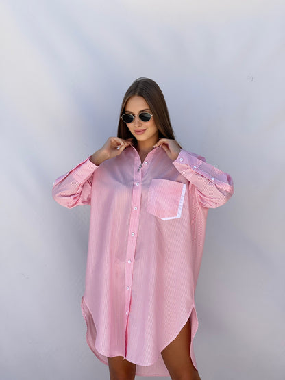 Oversized Striped Shirt Dress - Striped Pink
