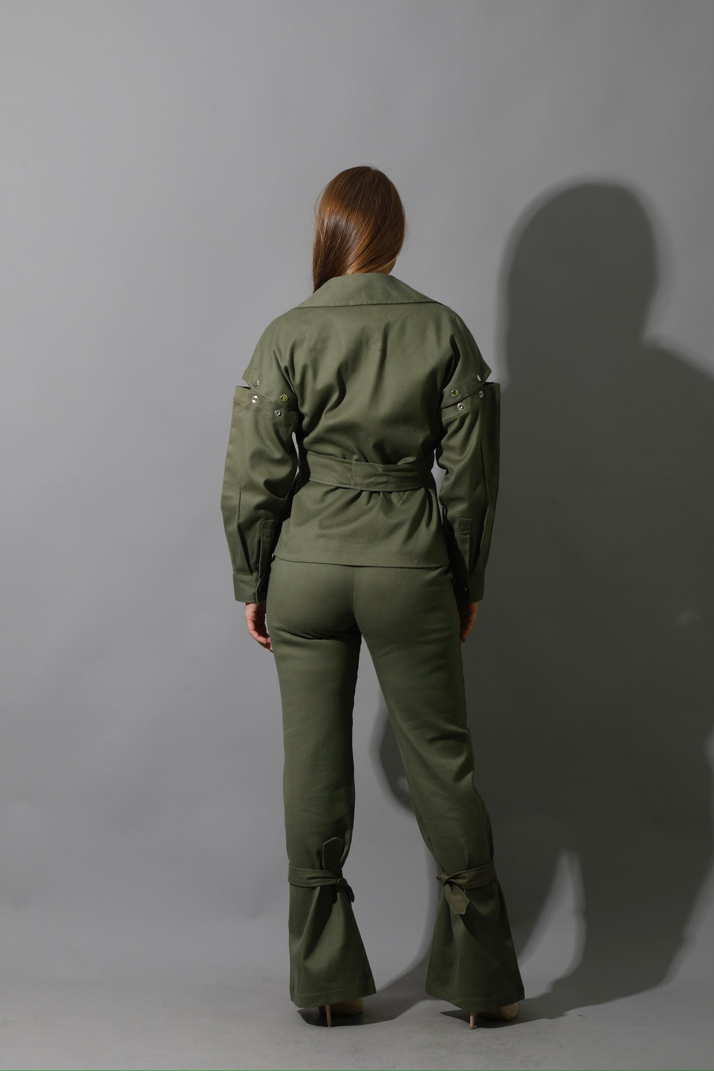 Co-Ord Detached Sleeves Jacket &  Tied BootCut pants - Olive