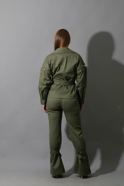 Co-Ord Detached Sleeves Jacket &  Tied BootCut pants - Olive