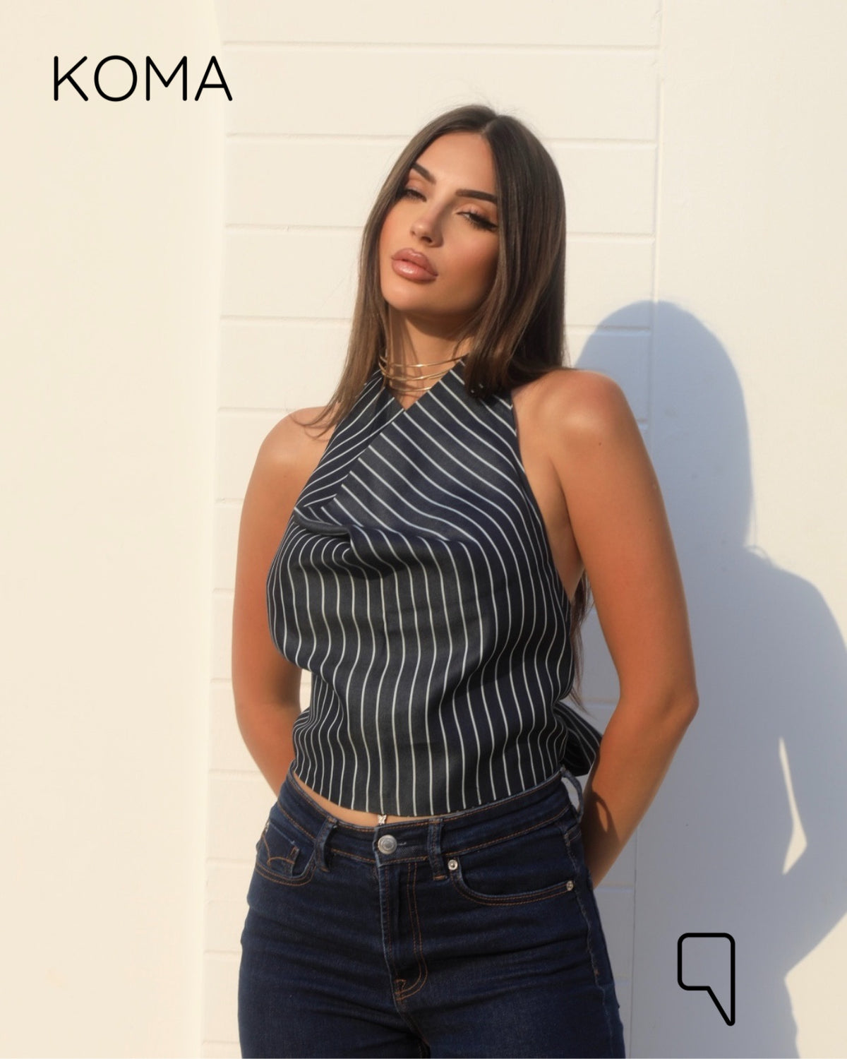 Ember Striped Tied Up Top - Navy