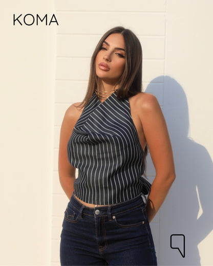 Ember Striped Tied Up Top - Navy
