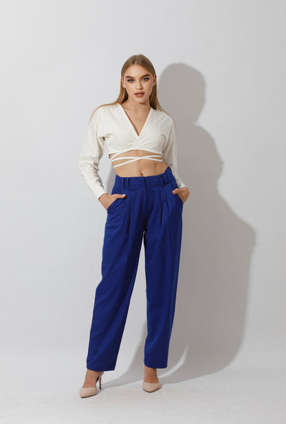 High Rise Paper-Bag Pants - Electric Blue