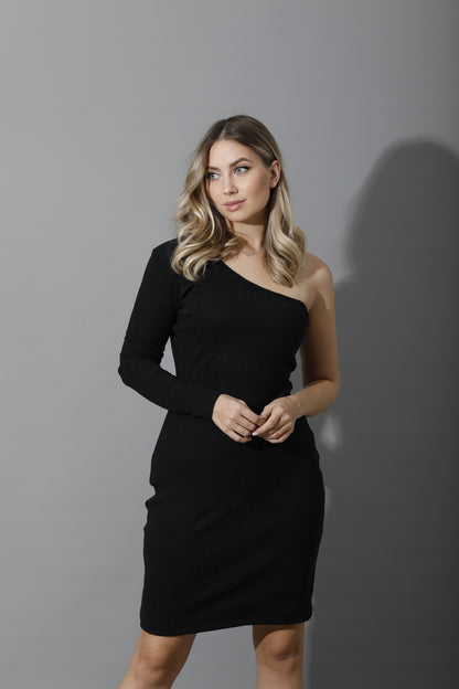 Slinky One Shoulder Bodycon Dress - Black