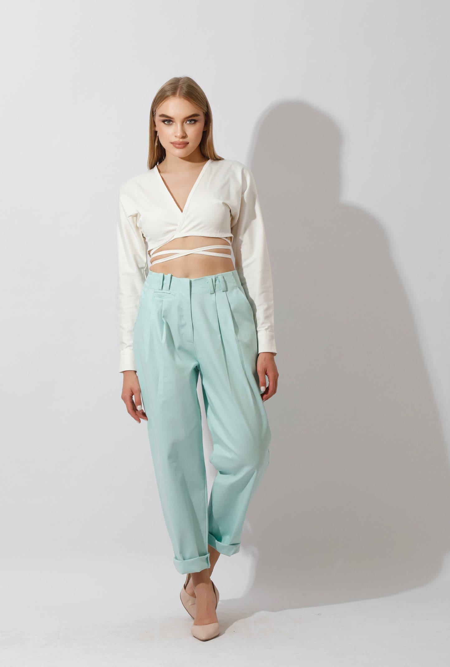 High Rise Paper-Bag Pants - Mint