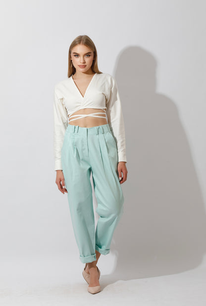High Rise Paper-Bag Pants - Mint