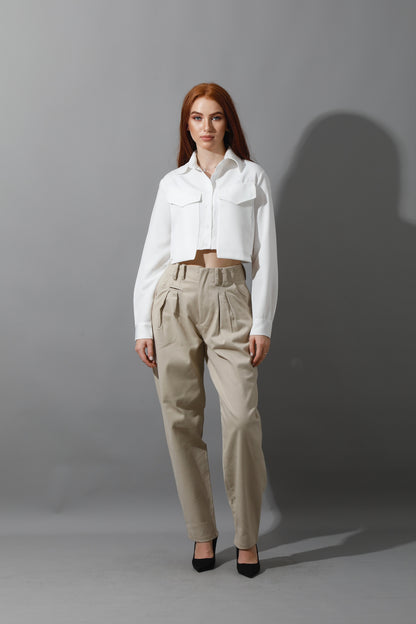 High Rise Paper-Bag Pants - Light Beige