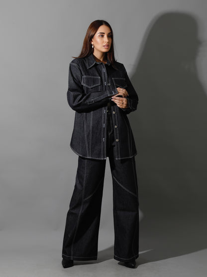 Co-Ord Jeans Cutout Shirt & Cutout Pants - Navy Blue