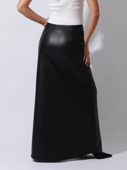 Leather Front Slit Skirt - Black