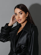 Bella Faux Leather Trench Coat with White Stitch - Black