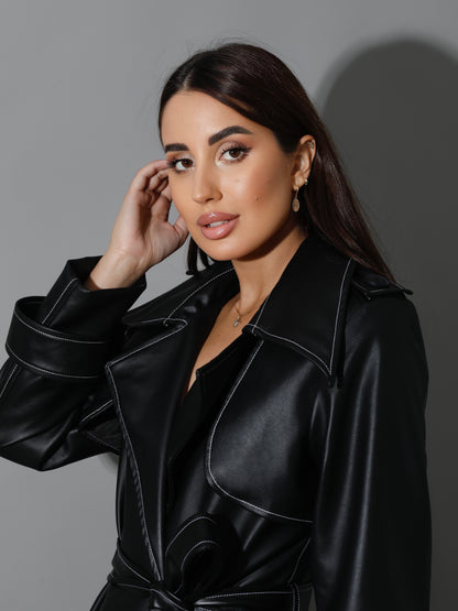 Leather Trench Coat With White Stitch - Black