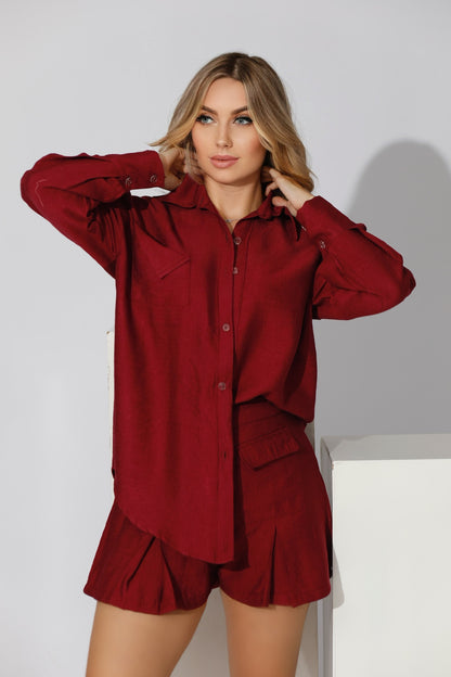 Oversized Shirt With Patched Pocket - Maroon