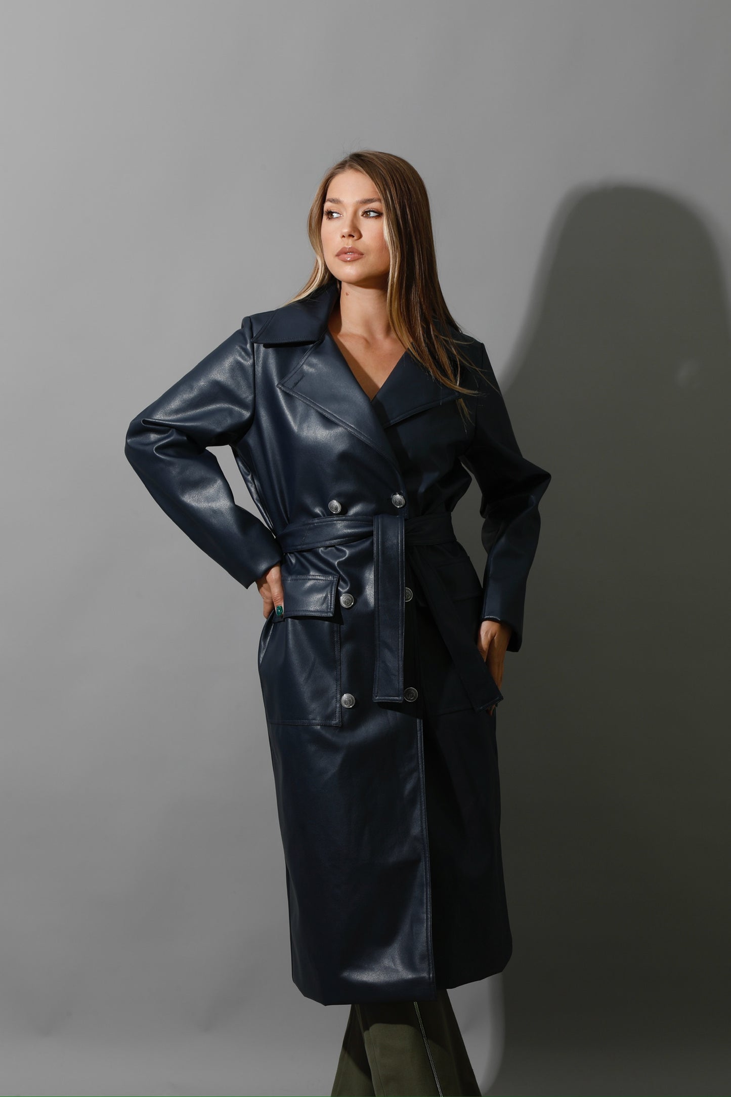 Textured Leather Coat - Navy