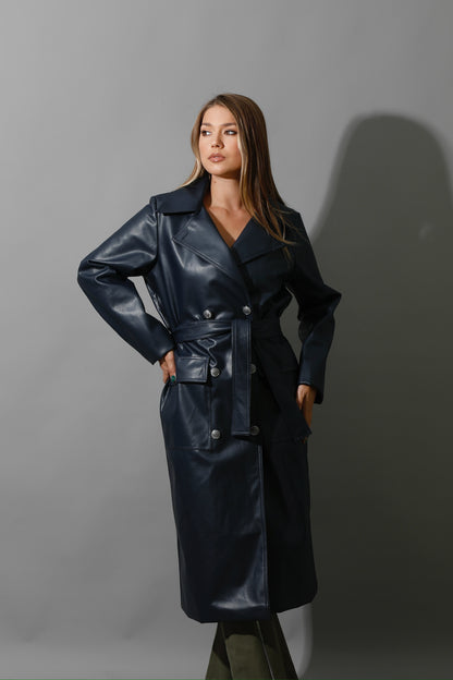 Textured Leather Coat - Navy