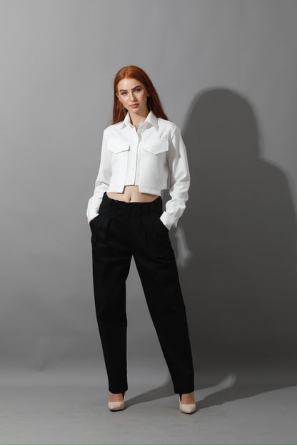 High Rise Paper-Bag Pants - Black