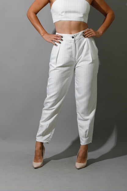 Striped Paper-bag Pants Co-Ord - White