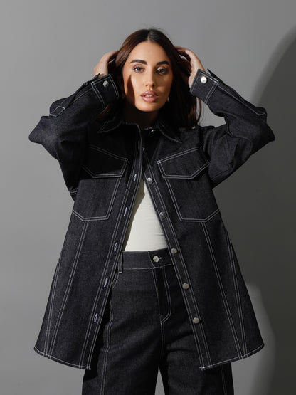 Co-Ord Jeans Cutout Shirt & Cutout Pants - Navy Blue