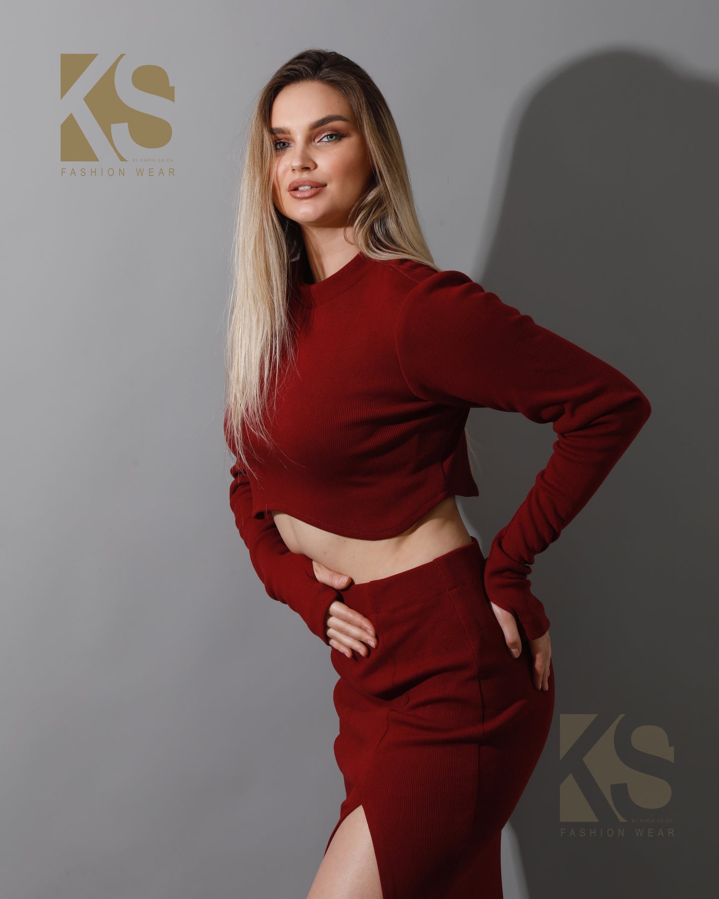 Co-ord Crop Top & Midi Skirt Rib Set - Maroon