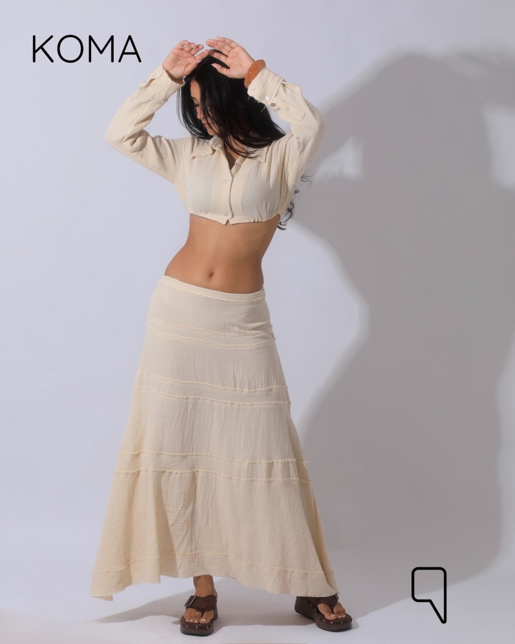 Greta Crincle Cropped Shirt & Skirt Set - Beige