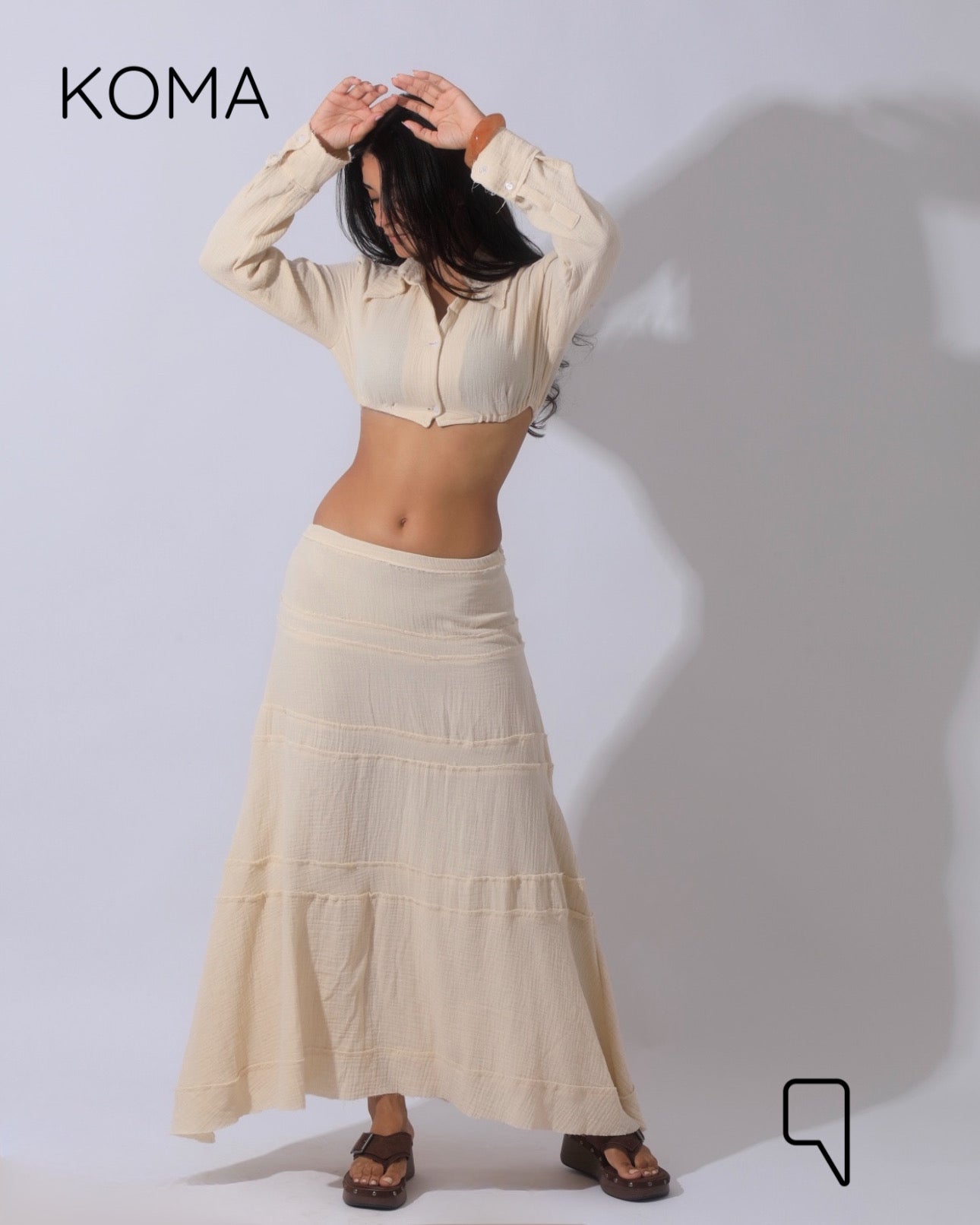 Greta Crincle Cropped Shirt & Skirt Set - Beige