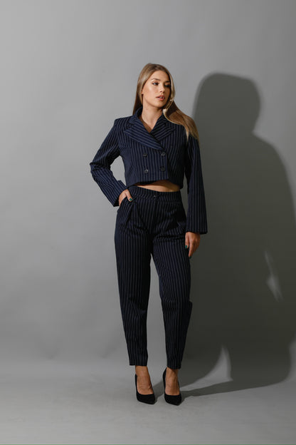 Striped Cropped Blazer, Bra Top & Paper-bag Pants Co-Ord - Navy