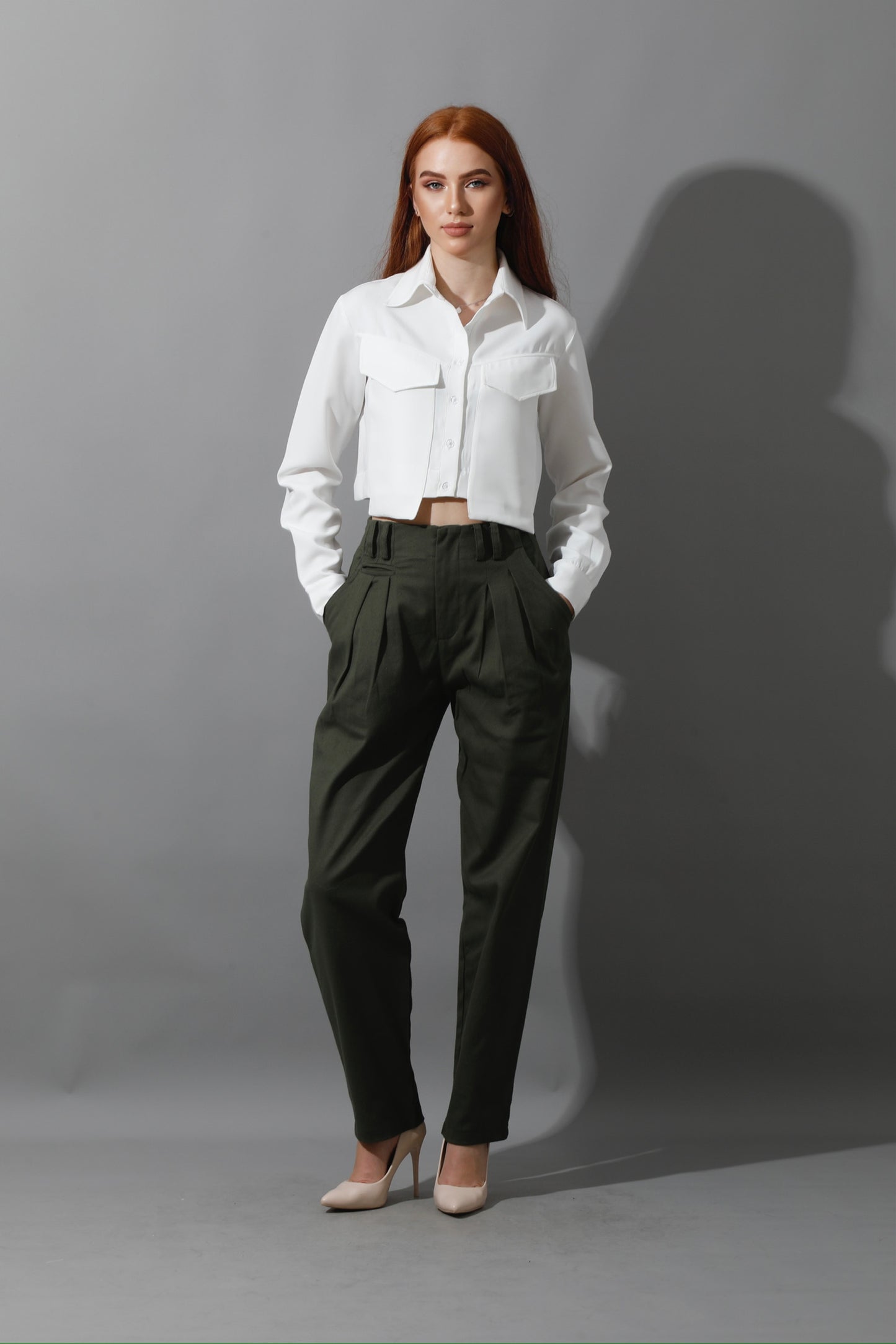 High Rise Paper-Bag Pants - Olive
