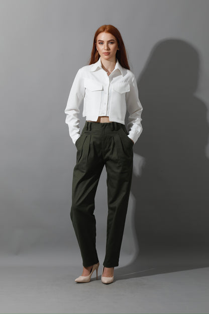 High Rise Paper-Bag Pants - Olive