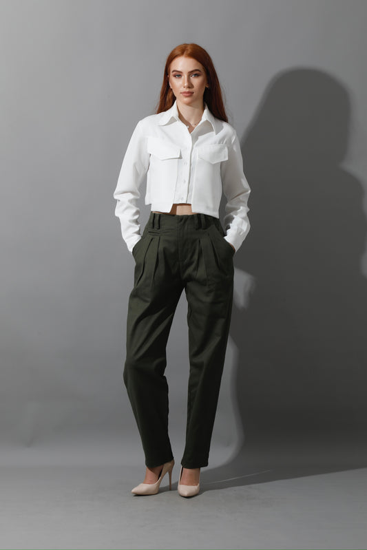 High Rise Paper-Bag Pants - Olive
