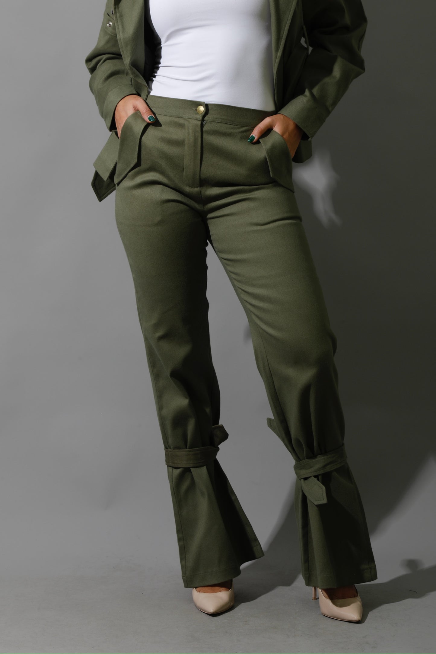 Co-Ord Detached Sleeves Jacket &  Tied BootCut pants - Olive