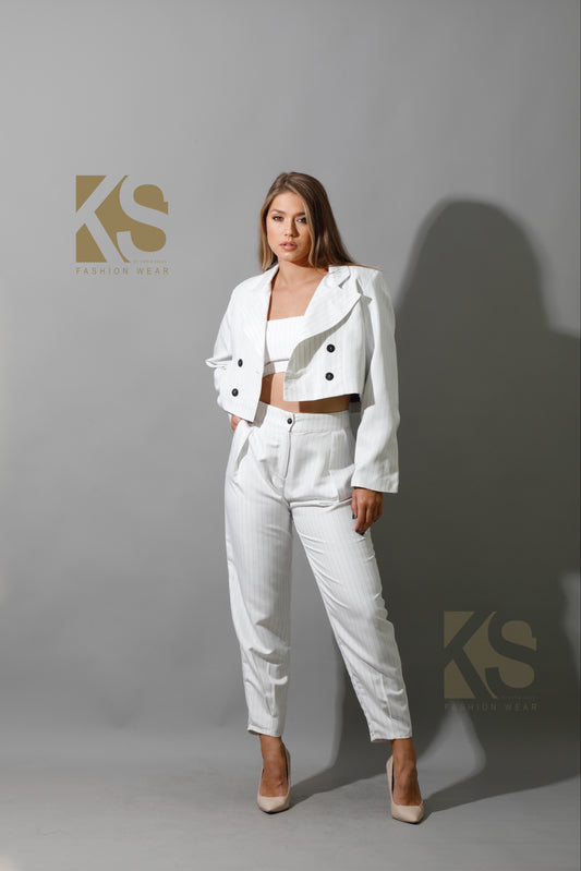 Striped Cropped Blazer, Bra Top & Paper-bag Pants Co-Ord - White
