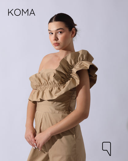Marta Asymmetric Ruffle Jumpsuit - Beige