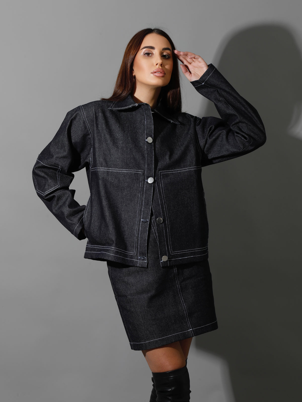 Co-Ord Jeans Sleeves Jacket & Short Skirt - Navy Blue