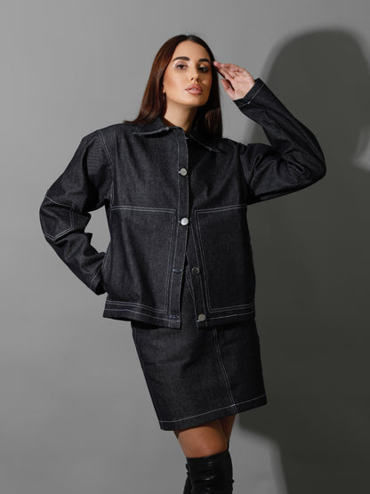 Co-Ord Jeans Sleeves Jacket - Navy Blue