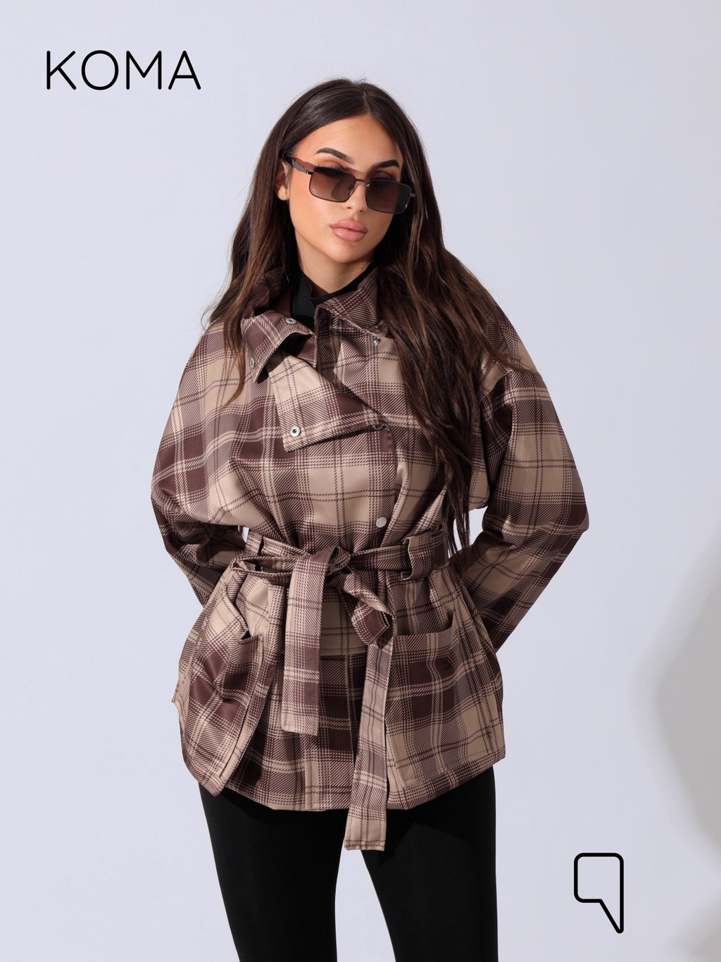 Elizabeth Funnel Neck Trench Coat - Checks Brown