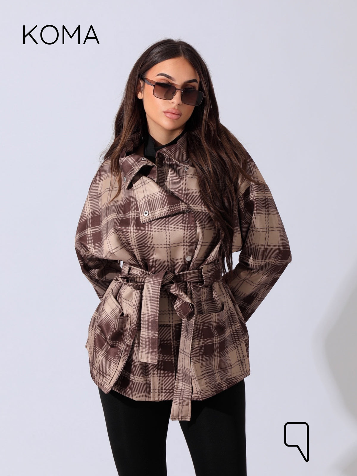 Elizabeth Funnel Neck Trench Coat - Checks Brown