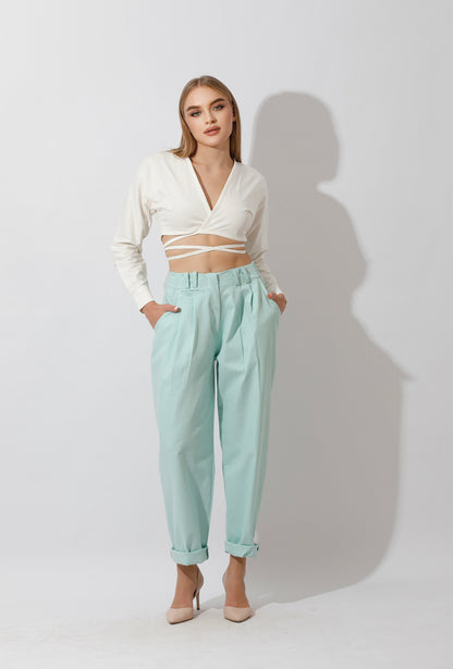 High Rise Paper-Bag Pants - Mint