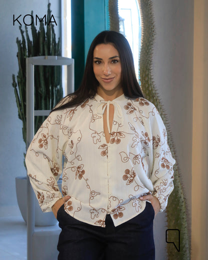 Elsie Rustic Textured Embroidered Blouse - Camel
