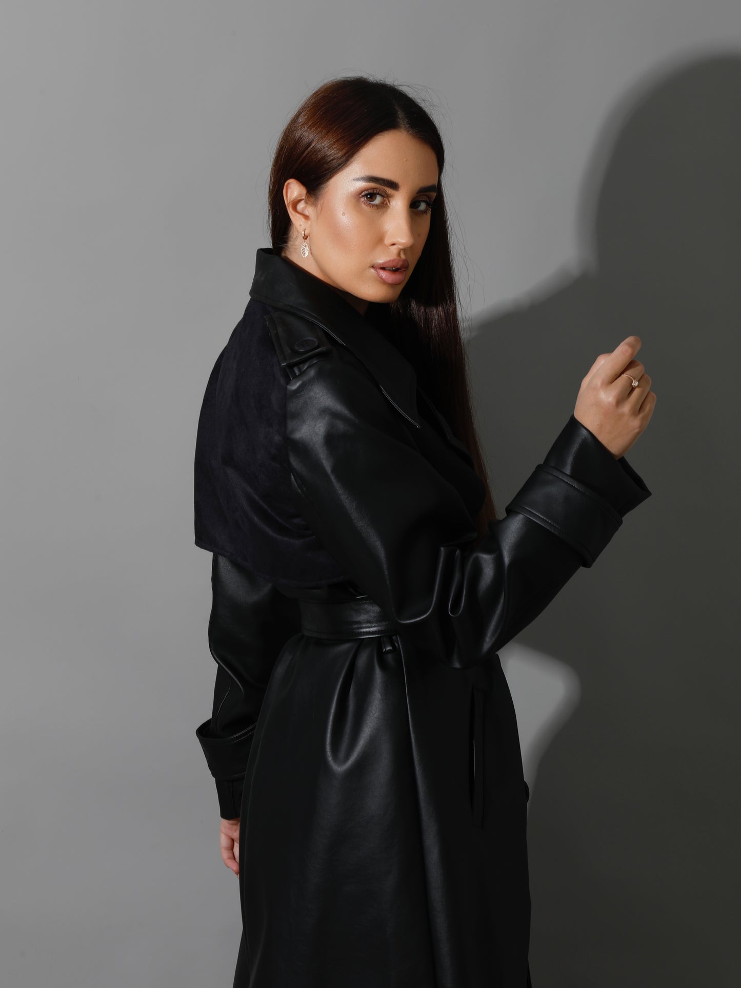 Leather Trench Coat With Suede - Black