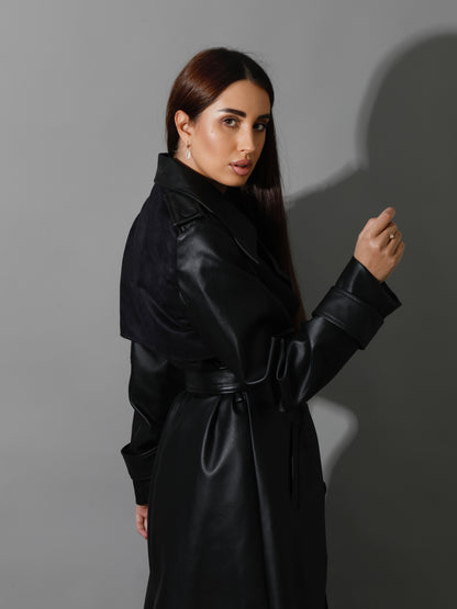 Leather Trench Coat With Suede - Black